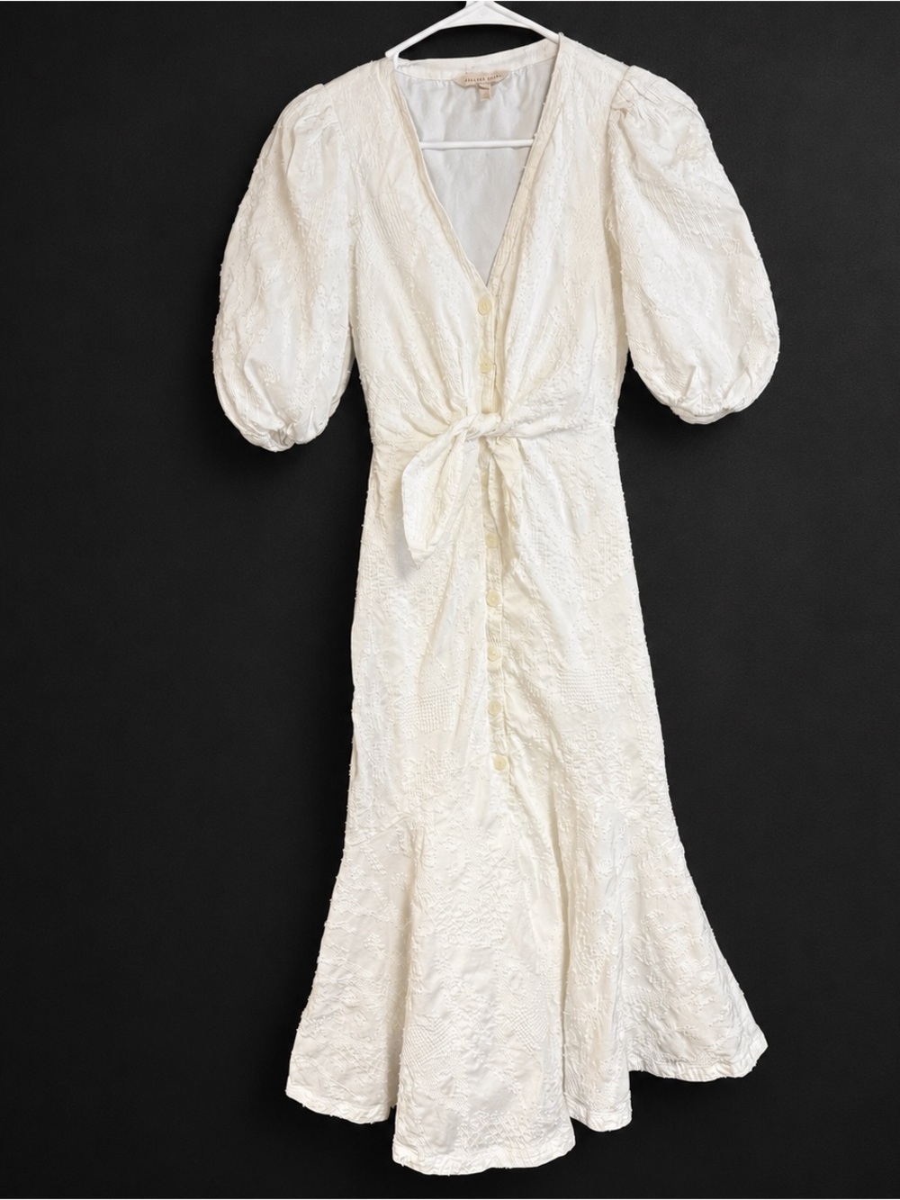 Rebecca Taylor Ivory Textured Puff-Sleeve Midi Dress with Tie Waist